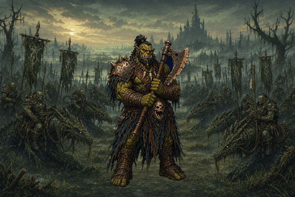 Lord Holm leading the Bog Wyrm host across Veilmoor
