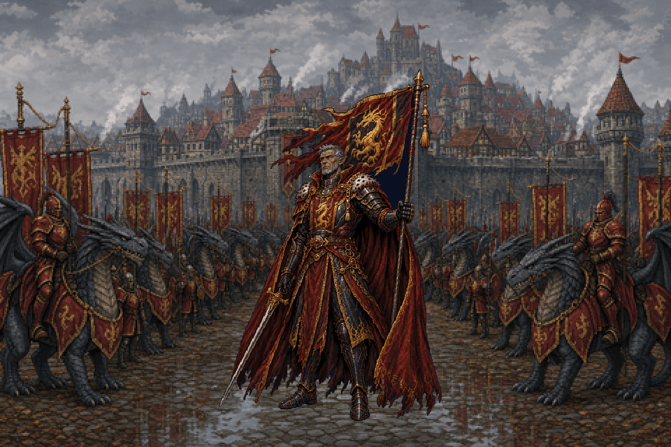 Lord Mont leading the banner legion through Mountfair