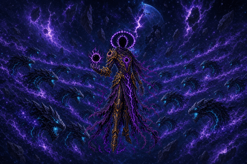 The Nameless surrounded by void-wyrm echoes in the astral Voidheart