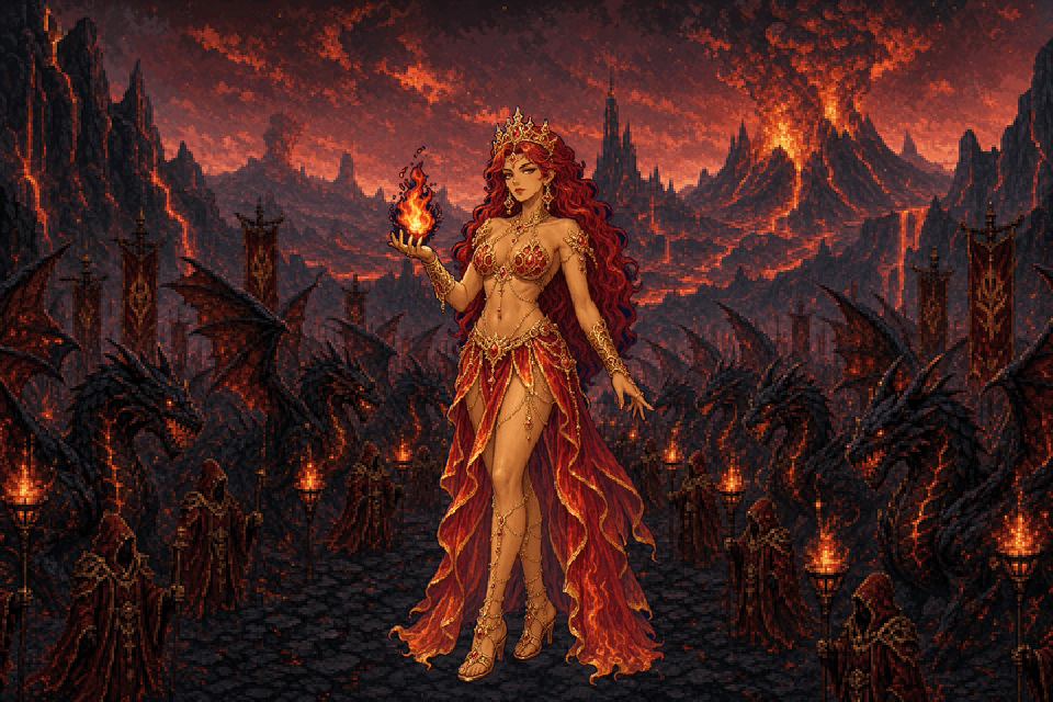 Lord Pyrra leading lava-veined wyverns through the Ashen Reach