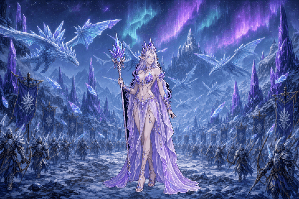 Lord Coldspine leading crystal ice-wyverns through Frostspire