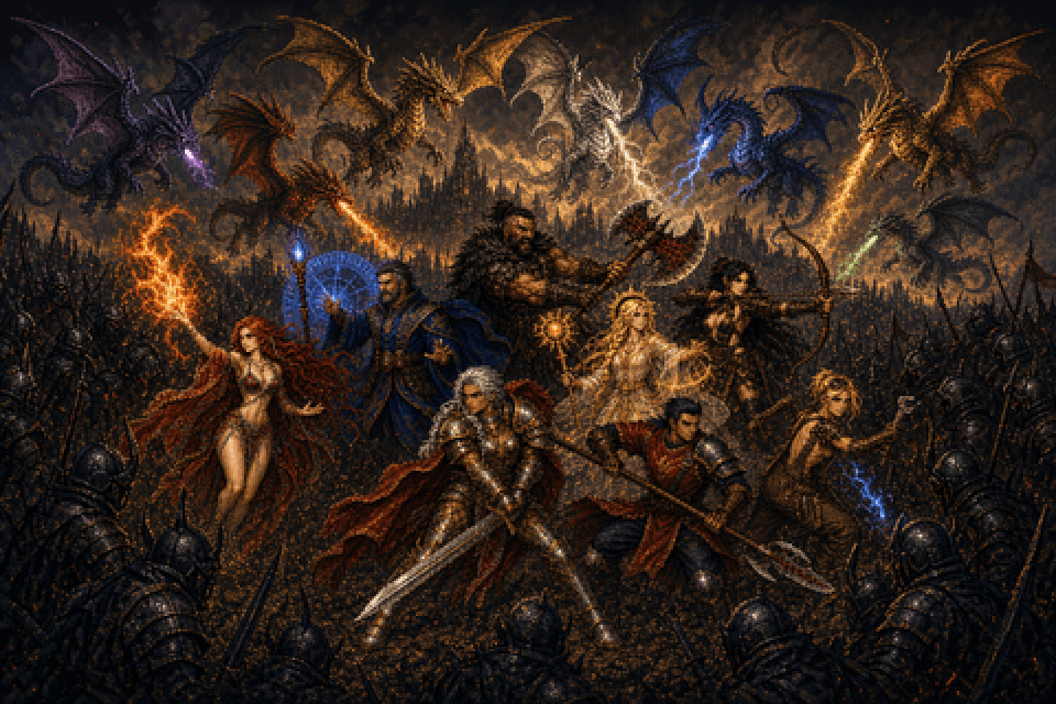 The eight Drivers each mounted on their Destiny drake, in formation against the Wyrmgate horizon